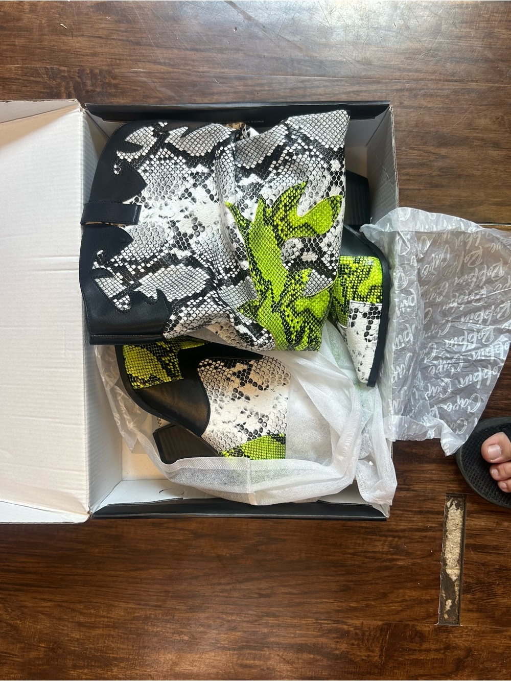 Cape Robbin Black, White & Neon Green Snake-Print Ankle Boots
